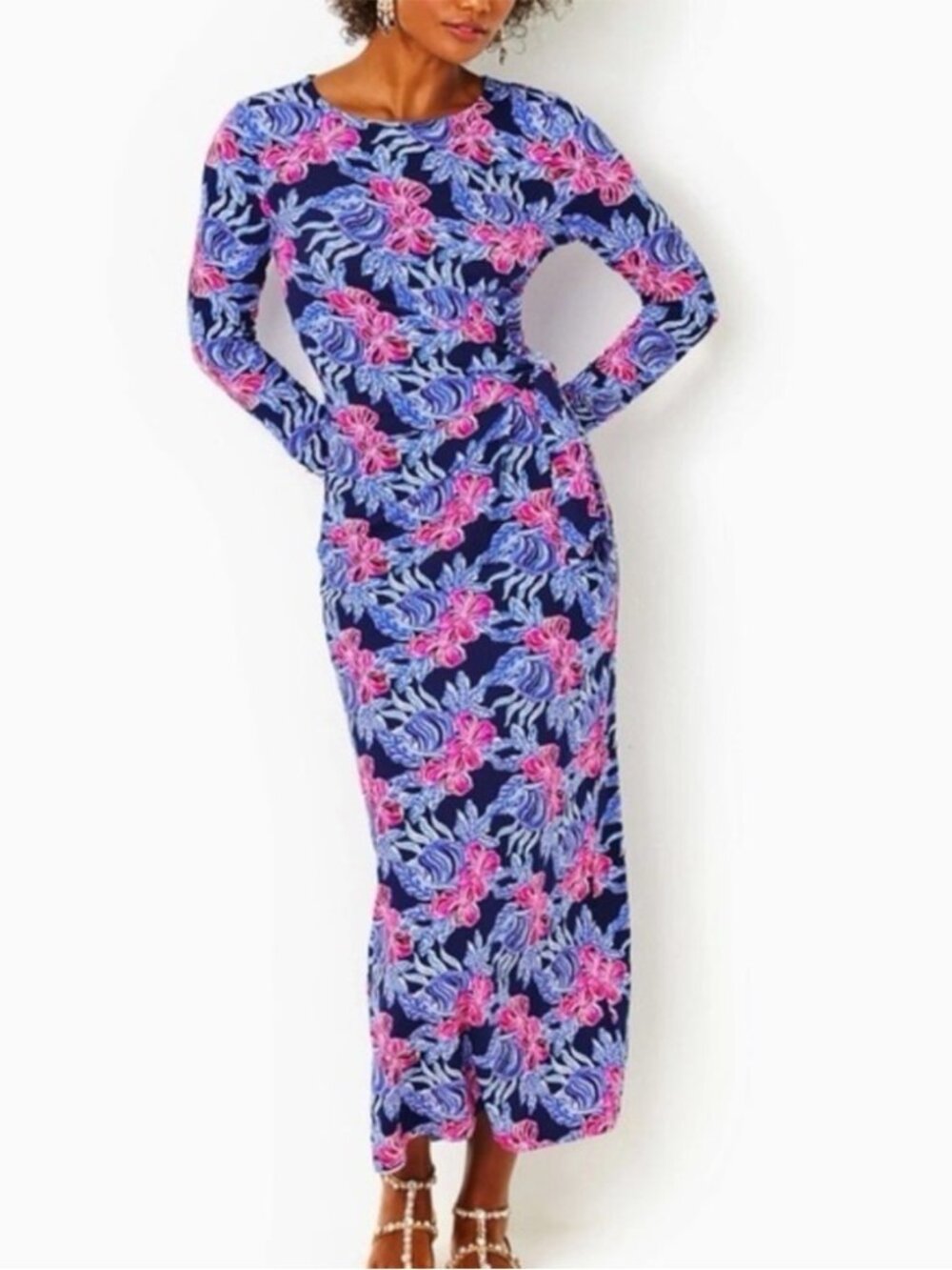 Lilly Pulitzer Bryson Long Sleeve Maxi Low Tide Navy It's Ofishell Floral - Med